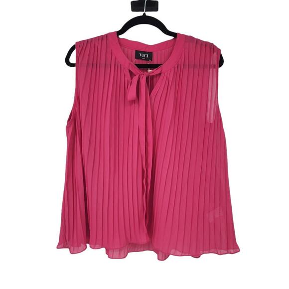Vici Sleeveless Hot Pink Tie Neck Flowy Lightweight Pleated Blouse Size Small - Picture 1 of 5